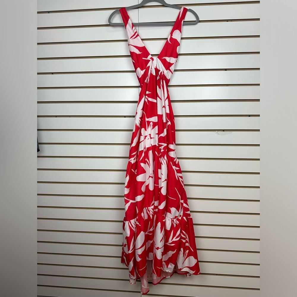The MIA Maxi Dress tie back halter Neck Tropical print Red/white Sz Small - Picture 3 of 8